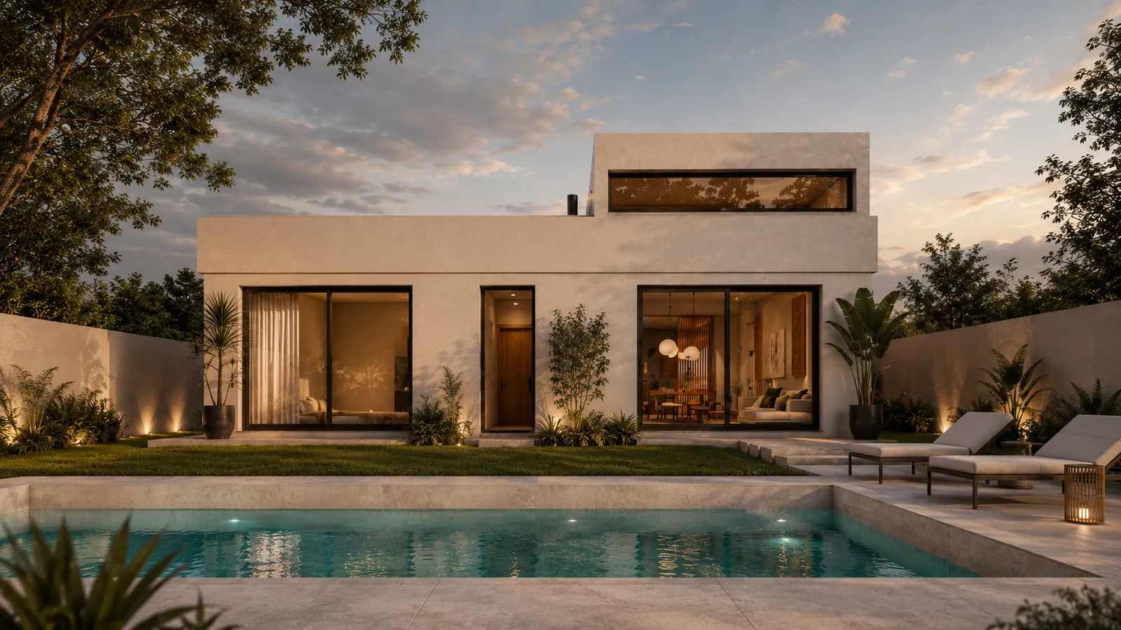 Casa HN en Pilar: fachada y piscina al atardecer