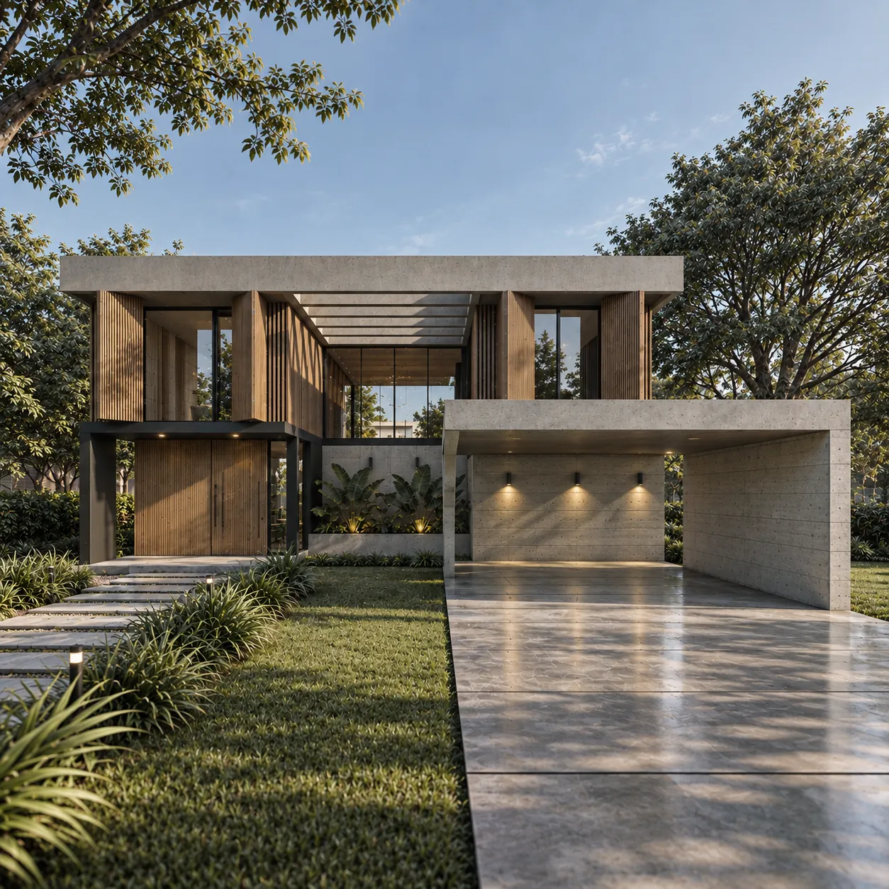 Casa Loma en Ezeiza: fachada con volumen de madera y cochera