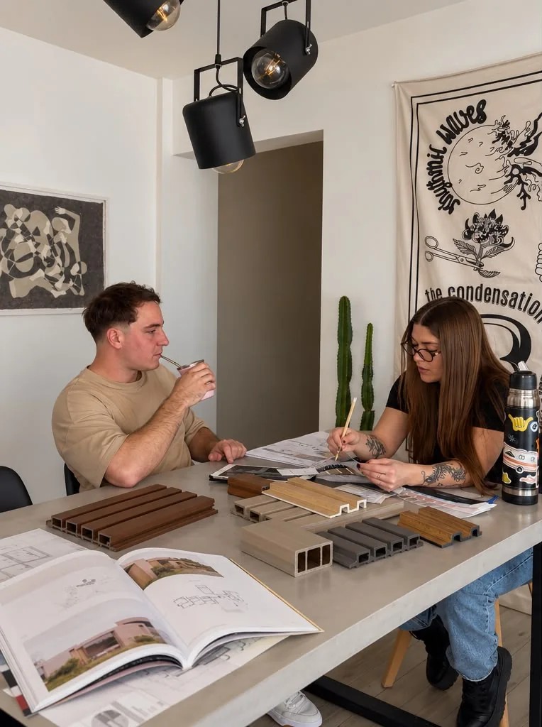 El equipo de Estudio Paradigma en la mesa de trabajo, con muestras de revestimientos y planos