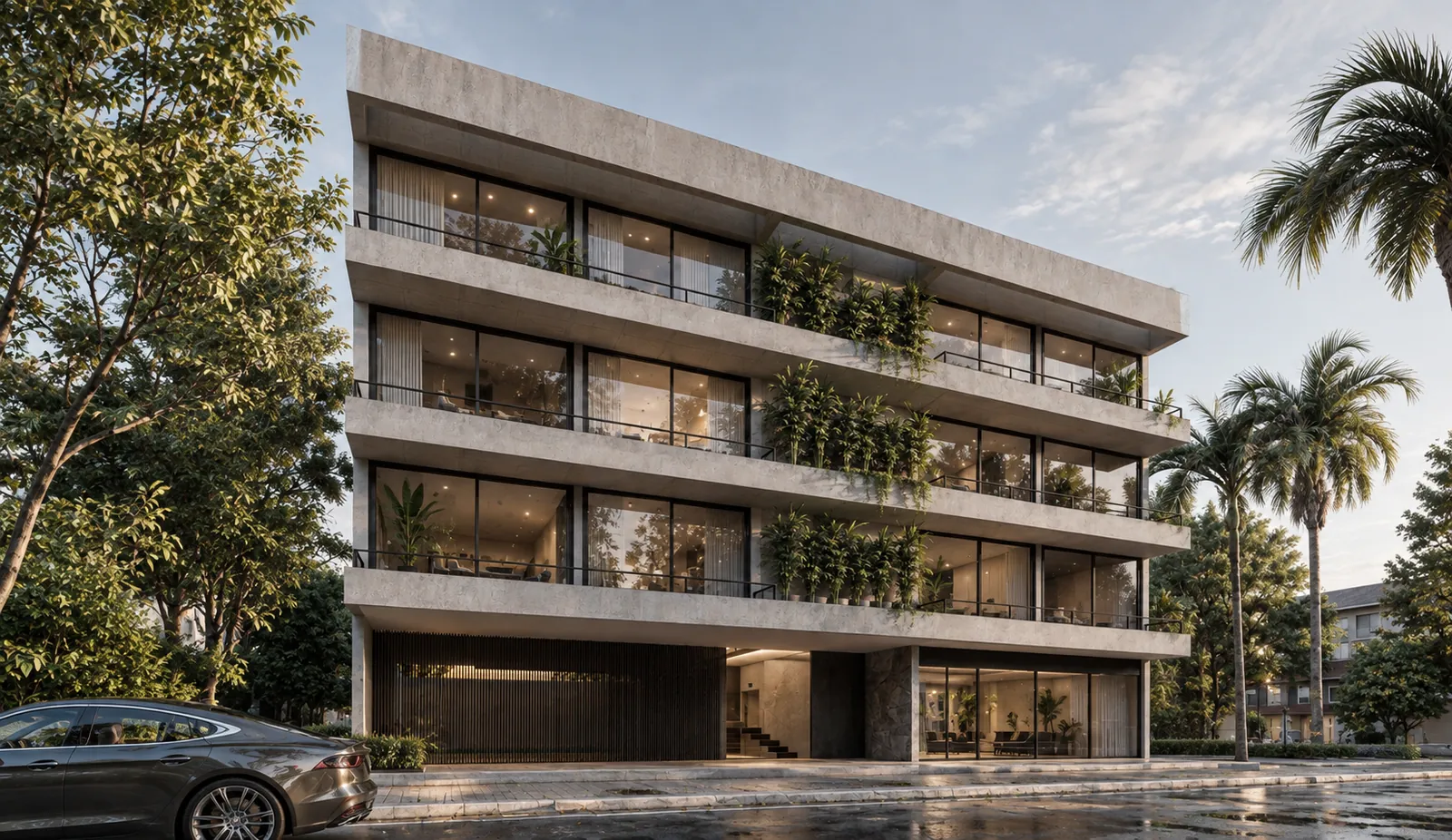 Edificio Sirius en Canning: fachada con balcones aterrazados y vegetación